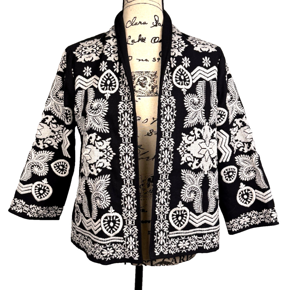 Love Stitch Nora Jacket Black White Embroidered Cotton 3/4 Sleeve Bohemian